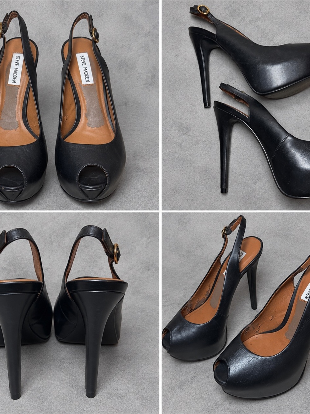 Steve Madden Black Leather Peep-Toe Slingback Heels